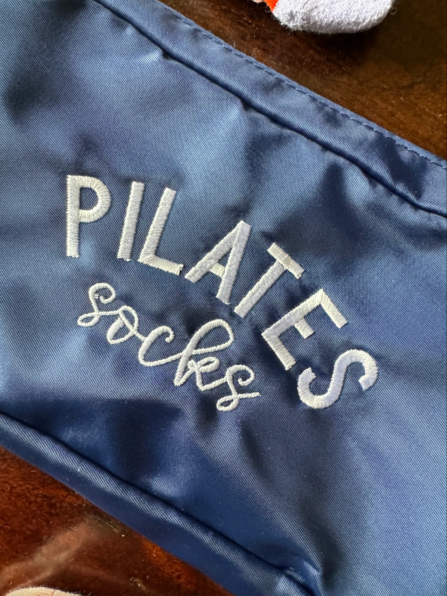 Pilates Socks | Embroidered zippered bag: Light Blue Bag- White Thread / Medium