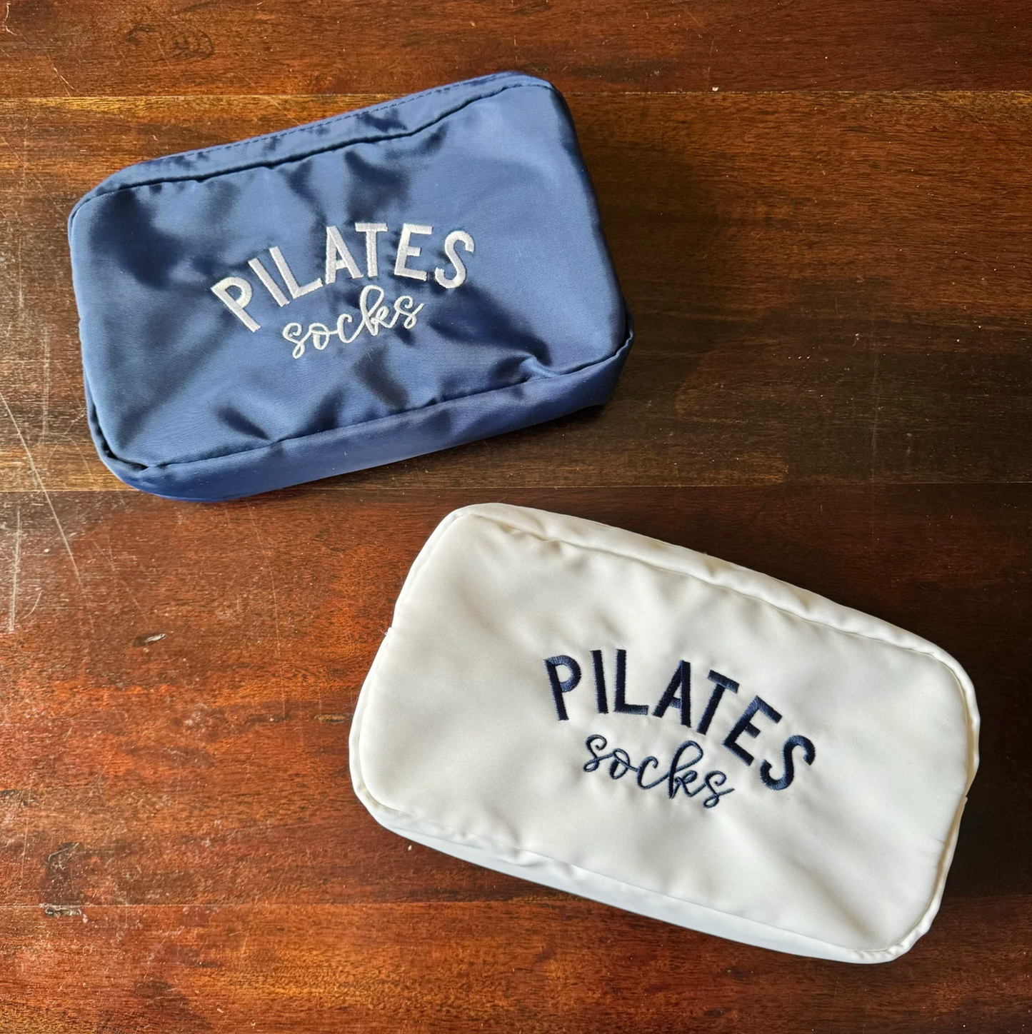 Pilates Socks | Embroidered zippered bag: Light Blue Bag- White Thread / Medium