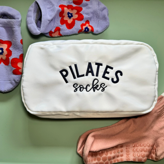 Pilates Socks | Embroidered zippered bag: Light Blue Bag- White Thread / Medium